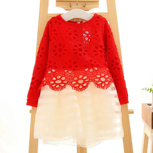 Kid Gilrs Ripple Stripe Organza Dress Hollow Lace Floral Long Sleeve Dress NW