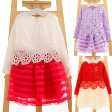 Kid Gilrs Ripple Stripe Organza Dress Hollow Lace Floral Long Sleeve Dress NW