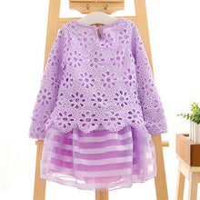 Kid Gilrs Ripple Stripe Organza Dress Hollow Lace Floral Long Sleeve Dress NW