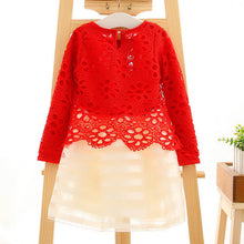 Kid Gilrs Ripple Stripe Organza Dress Hollow Lace Floral Long Sleeve Dress NW