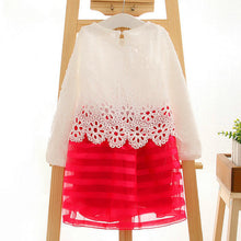 Kid Gilrs Ripple Stripe Organza Dress Hollow Lace Floral Long Sleeve Dress NW