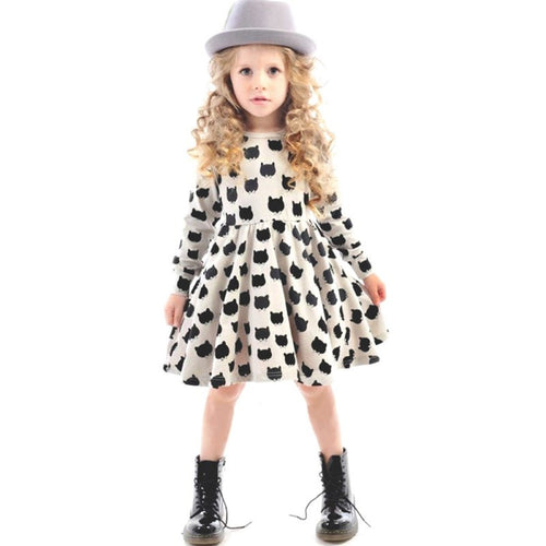 Kid Girls Cat Print Long Sleeve Dress Pleated One Piece Dress Sundress 2-6Y NW
