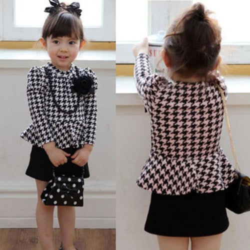 Kids Baby Girls Long Sleeve Houndstooth Necklace Flower Pageant Tutu Dress NW