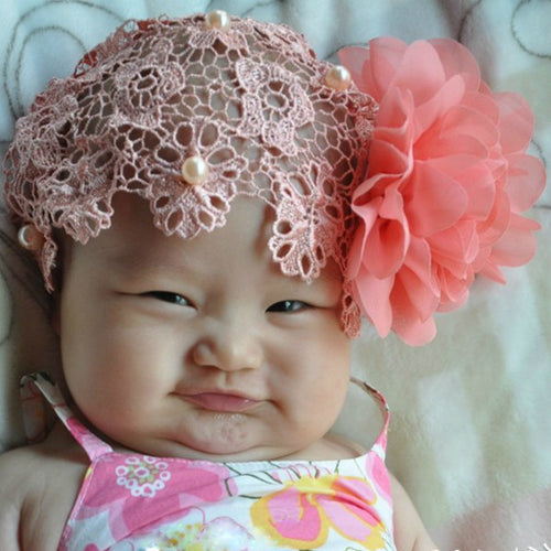 Lovely Baby Girls Kids Lace Hat Big Flowers Pearl Sewing Cap Headband Hair Wear Free ping NW