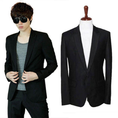 Men Slim Fit Stylish Casual One Button Suit Coat Jacket Business Blazer Black NW