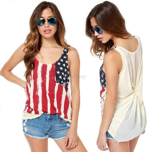New American Flag Printed Chiffon Blouse Women Fashion Patchwork Back Chiffon Sleeveless Tank Tops Tshirt Plus Sizes NW