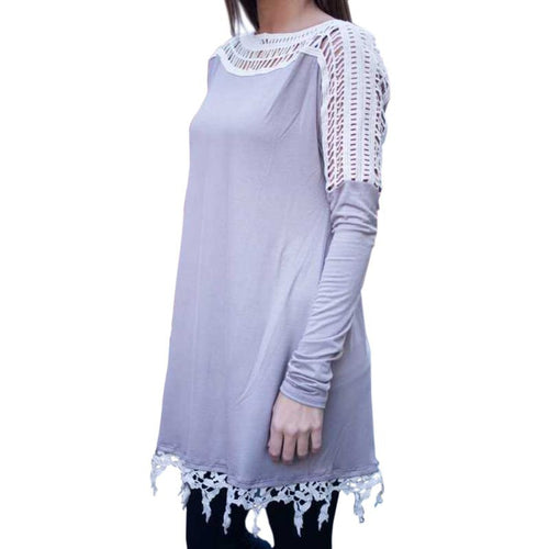 New Fall Chic Women Lace Shoulder T-shirt Casual Loose Top Pullover Long Section NW