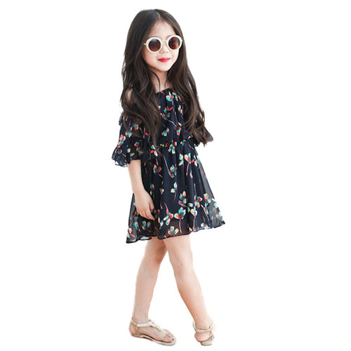 New Kid Girl Off Shoulder Floral Short Sleeve Dress Chiffon Mini Dress 2-7Y NW
