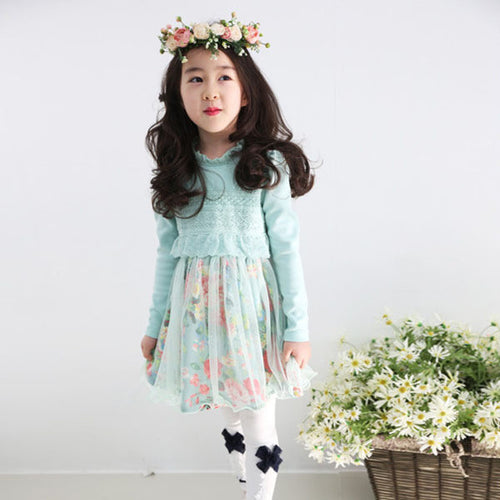 New Lovely 1-6Y Kids Girls Dress Pleated Lace Floral Dresses Long Sleeve Baby Tutu Dress Clothes NW