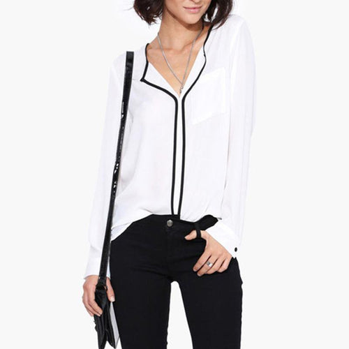 New Style Fashion Womens Casual White Shirt Long Sleeve Black Side Chiffon Blouse V-neck Work Shirts Women NW