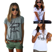 New Women Girls Short Sleeve Letter Print Shirt Loose T-shirt Casual Cotton Tops NW