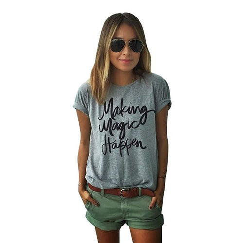 New Women Girls Short Sleeve Letter Print Shirt Loose T-shirt Casual Cotton Tops NW