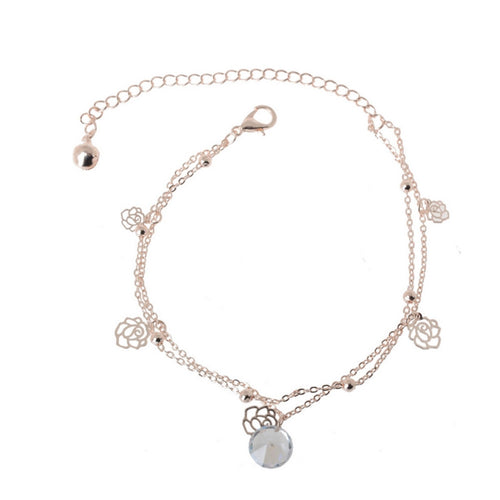 Sexy Gold Double Chain Hollow Rose Drop Anklet Bracelet Ankle Foot Jewelry Barefoot Beach Anklet NW