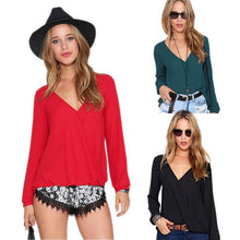 Sexy Women Deep V neck shirts Casual Long Sleeve Chiffon Blouses Tops Shirts NW
