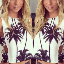 Sexy Women's Tops T-Shirt Nice Coconut tree Print Crop Top Sleeveless Crop Beach Club NW