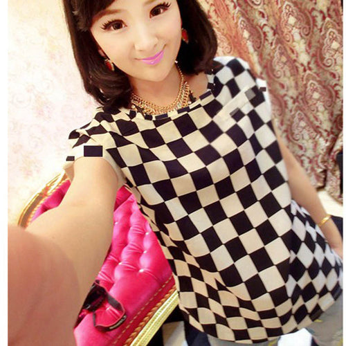 Tops Women Short Sleeve Stripes Heart Lip Print Chiffon shirt Blouse NW