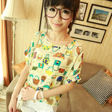 Tops Women Short Sleeve Stripes Heart Lip Print Chiffon shirt Blouse NW