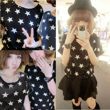 Tops Women Short Sleeve Stripes Heart Lip Print Chiffon shirt Blouse NW