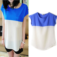 Women Girls Stitching Short Sleeve Chiffon Casual Loose Shirt Tops Candy Color NW