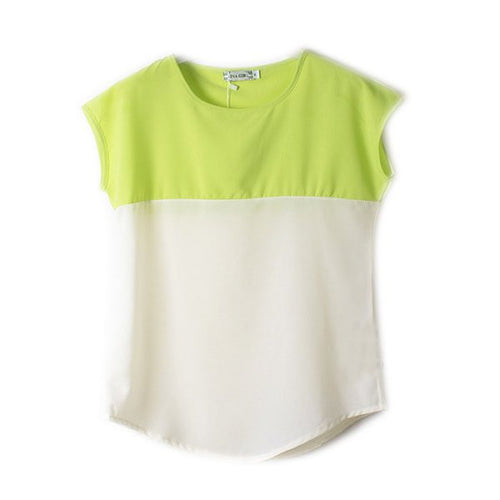 Women Girls Stitching Short Sleeve Chiffon Casual Loose Shirt Tops Candy Color NW