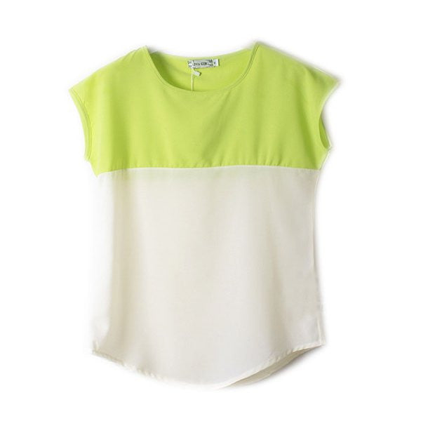 Women Girls Stitching Short Sleeve Chiffon Casual Loose Shirt Tops Candy Color NW