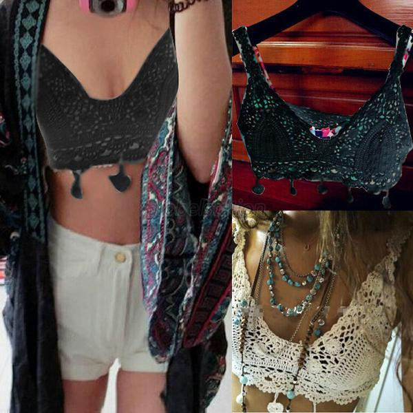 Womens Sexy Crochet Knit Crop Top Halter Bra Bralette Cami Tank Deep V-neck Blouse NW