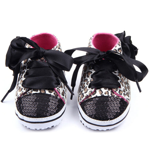 Top Fashion Newborn Toddler Baby Girl Kid Riband Lace Up Leopard Sequins Sneaker Crib Flower Shoes NW