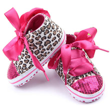 Top Fashion Newborn Toddler Baby Girl Kid Riband Lace Up Leopard Sequins Sneaker Crib Flower Shoes NW