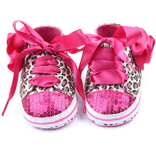 Top Fashion Newborn Toddler Baby Girl Kid Riband Lace Up Leopard Sequins Sneaker Crib Flower Shoes NW