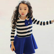 Top Fashion Sweet Full Sleeve Striped Bowknot Bubble Pleated Kids Children Baby Princess Girl Dress NW