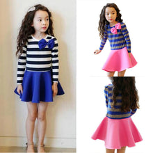 Top Fashion Sweet Full Sleeve Striped Bowknot Bubble Pleated Kids Children Baby Princess Girl Dress NW