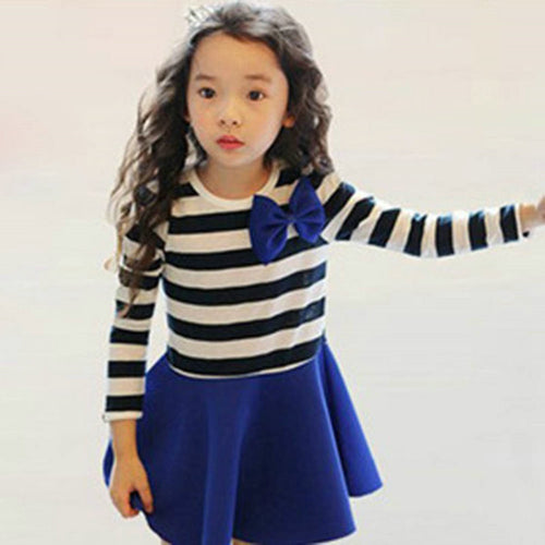 Top Fashion Sweet Full Sleeve Striped Bowknot Bubble Pleated Kids Children Baby Princess Girl Dress NW
