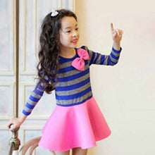Top Fashion Sweet Full Sleeve Striped Bowknot Bubble Pleated Kids Children Baby Princess Girl Dress NW