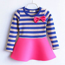 Top Fashion Sweet Full Sleeve Striped Bowknot Bubble Pleated Kids Children Baby Princess Girl Dress NW