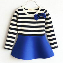 Top Fashion Sweet Full Sleeve Striped Bowknot Bubble Pleated Kids Children Baby Princess Girl Dress NW