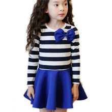 Top Fashion Sweet Full Sleeve Striped Bowknot Bubble Pleated Kids Children Baby Princess Girl Dress NW