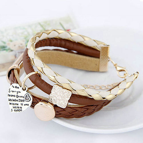 Unique Women's Brown Faux Leather Gold Metal Heart Bracelet Charm Lady Rope Jewelry NW