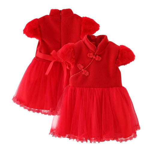 Vintage Toddler Girls Short Sleeve Dresses Chinese Tang Costume Cheongsam Tutu Dress NW