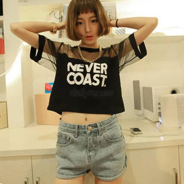 Women Blouse Crop Top Shirt Sleeve Mesh See-through Short Tops For Female NW