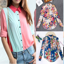 Women Chiffon Floral Print Lapel Shirt Long Sleeve Loose Tops Blouse NW