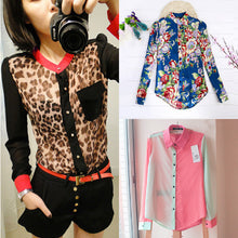 Women Chiffon Floral Print Lapel Shirt Long Sleeve Loose Tops Blouse NW