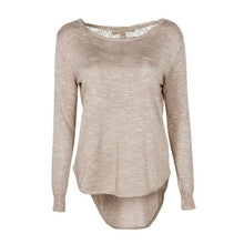 Women Elegant Lace Back Bow Knitted Patchwork Long-Sleeve T-shirt Sweet O-neck Character Irregular Tops Shirt NW