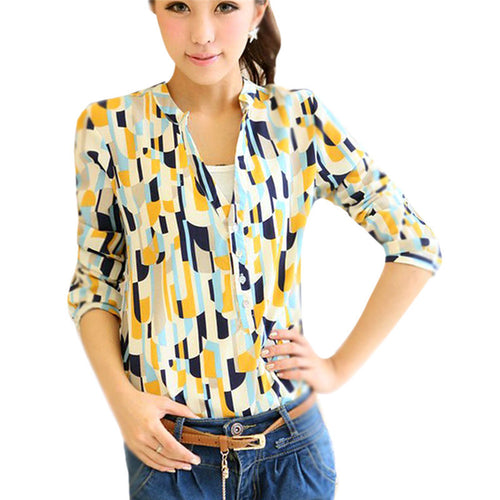 Women Geometric OL Career Button Down Shirt Long Sleeve Stand Collar Blouse Tops NW