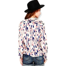 Women Geometric OL Career Button Down Shirt Long Sleeve Stand Collar Blouse Tops NW