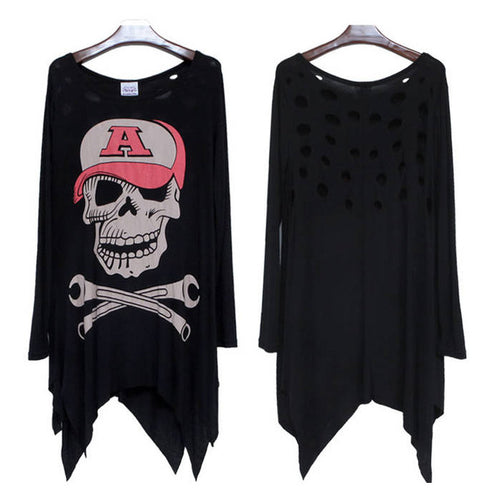 Women Hollow Out Tops Skull Head Print Long T-shirt Irregular Shirt Punk NW