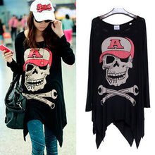 Women Hollow Out Tops Skull Head Print Long T-shirt Irregular Shirt Punk NW