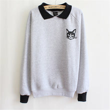 Women Korean Long Sleeve Sweatshirt Hoodies Cute Cat Printed Loose Jumper Lapel Pullover Sweatshirt NW