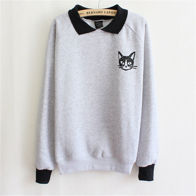 Women Korean Long Sleeve Sweatshirt Hoodies Cute Cat Printed Loose Jumper Lapel Pullover Sweatshirt NW