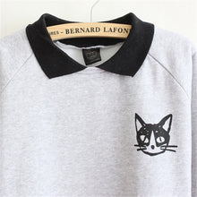 Women Korean Long Sleeve Sweatshirt Hoodies Cute Cat Printed Loose Jumper Lapel Pullover Sweatshirt NW