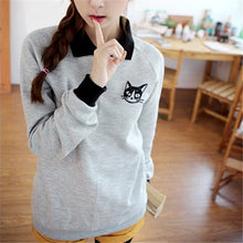 Women Korean Long Sleeve Sweatshirt Hoodies Cute Cat Printed Loose Jumper Lapel Pullover Sweatshirt NW